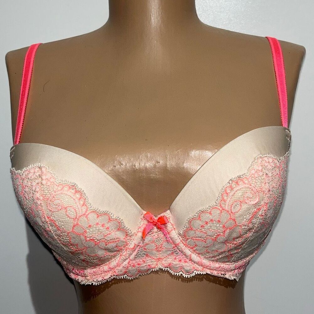 Victoria's Secret Pink Cream Dream Angels Lined Floral Lace Demi Bra Size 34C